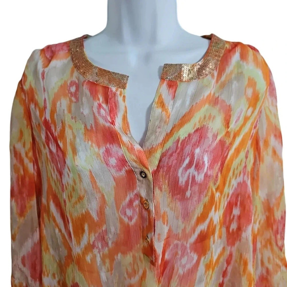 Chico’s Size 0 Small Orange Gold Chiffon Tie Front Blouse Boho Resort Sheer MOD - Picture 3 of 7